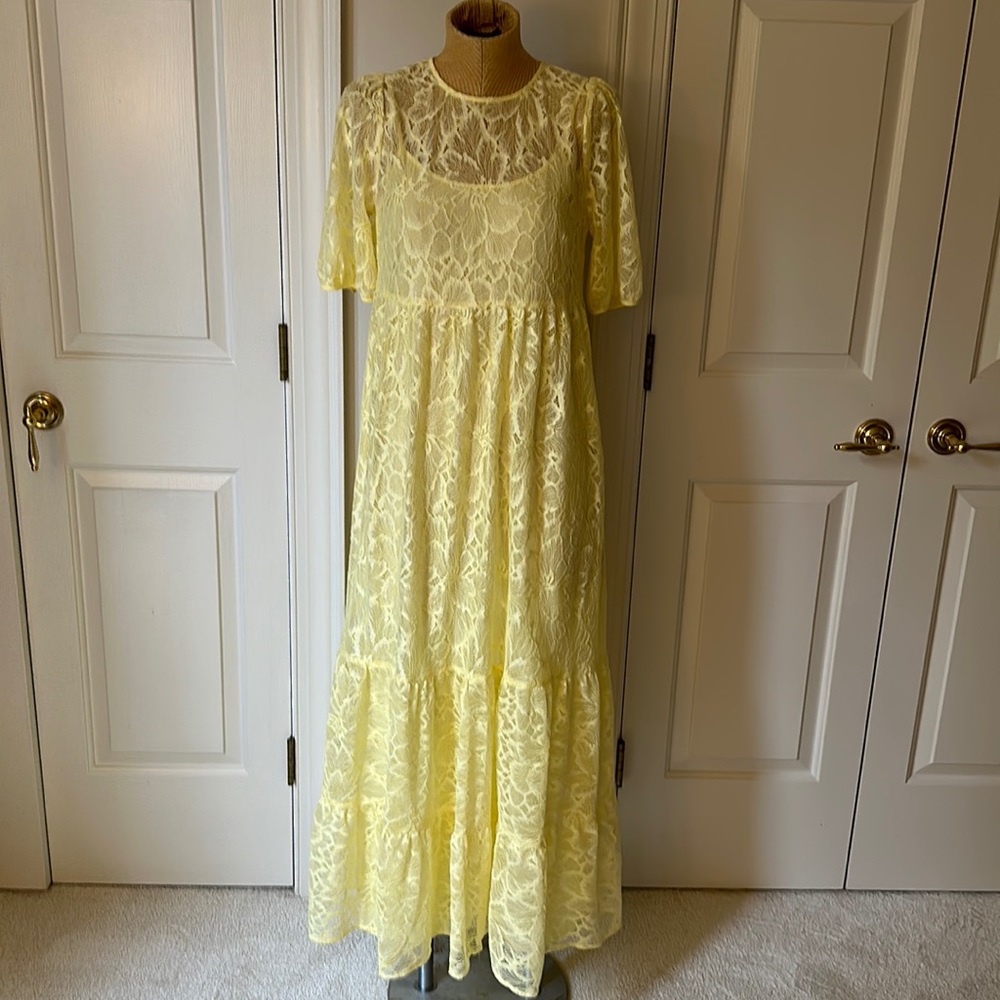 Warehouse Lemon Yellow Tiered Lace Puff Sleeve  MIDI Dress